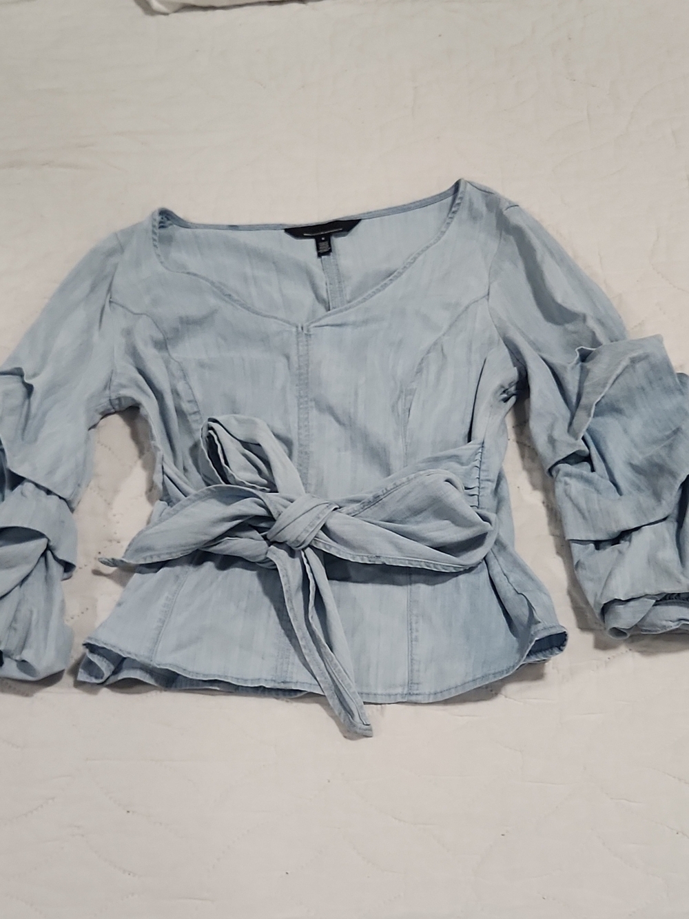 White House Black Market Light Blue Tie-Waist Peplum Top